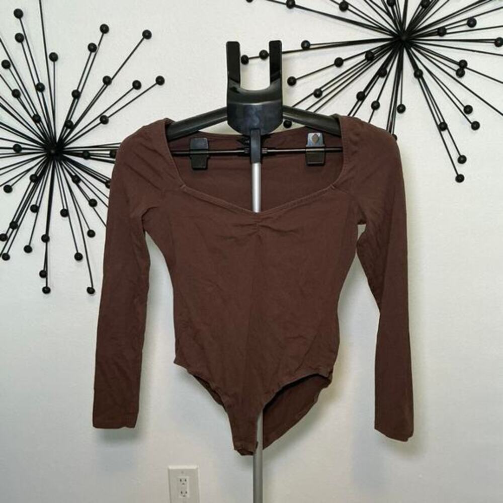 New Look Brown Long Sleeve Bodysuit Ruched Front Scoop Neck Size 8